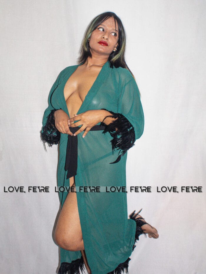 Fuzzy Cuffed Belted Mesh Sleep Robe - Image 4