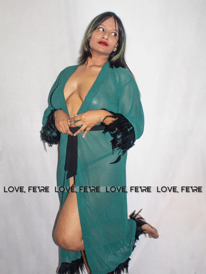 Fuzzy Cuffed Belted Mesh Sleep Robe - Image 4