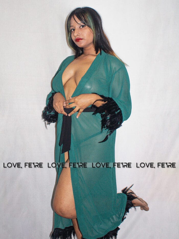 Fuzzy Cuffed Belted Mesh Sleep Robe