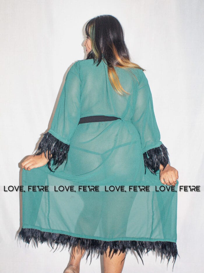 Fuzzy Cuffed Belted Mesh Sleep Robe - Image 5
