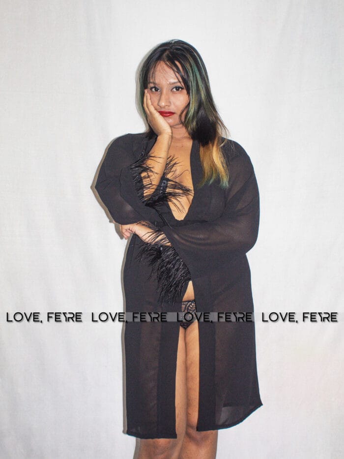 Fuzzy Cuff Belted Mesh Sleep Robe