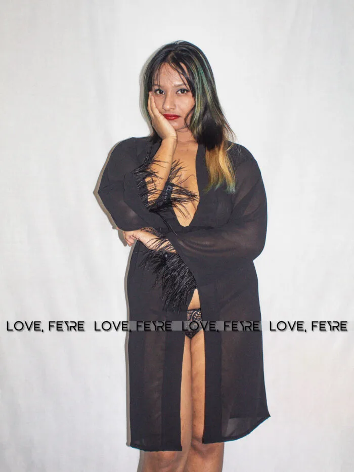 Fuzzy Cuff Belted Mesh Sleep Robe