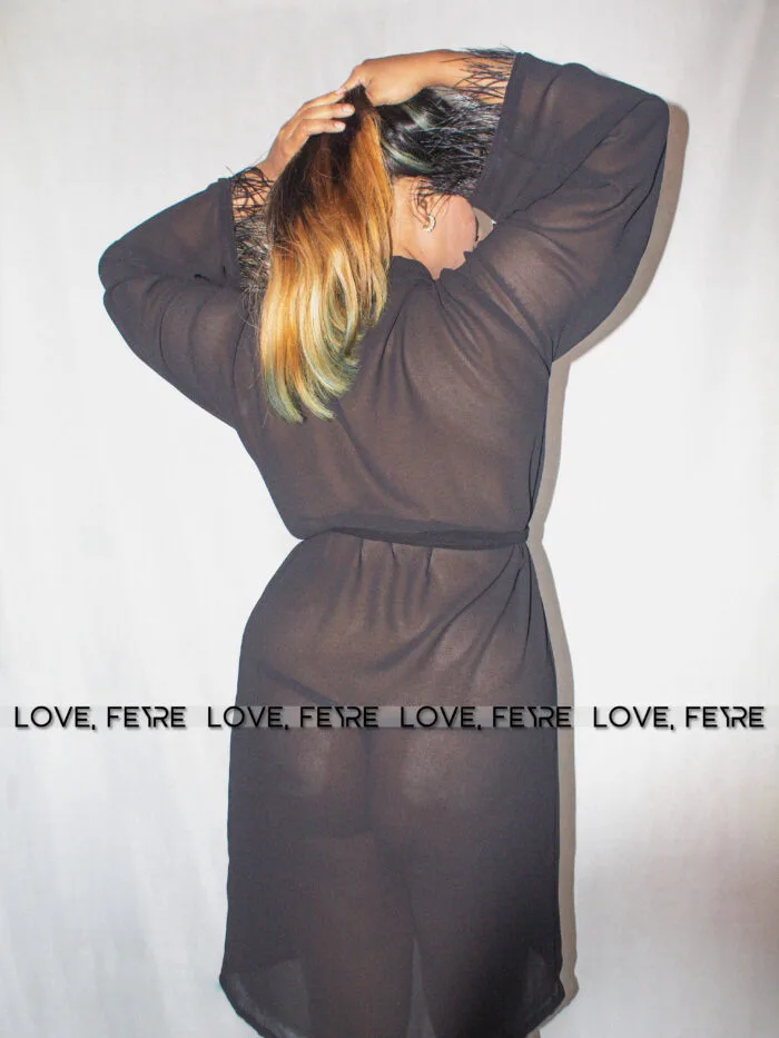 Fuzzy Cuff Belted Mesh Sleep Robe - Image 5