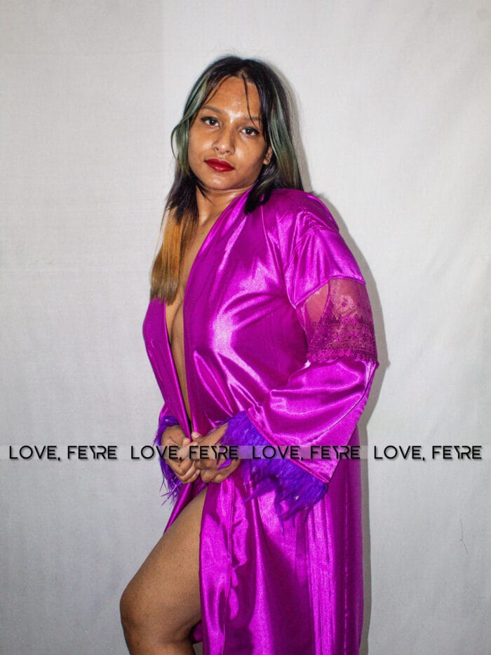 Contrast Lace Drop Shoulder Belted Satin Robe - Image 3