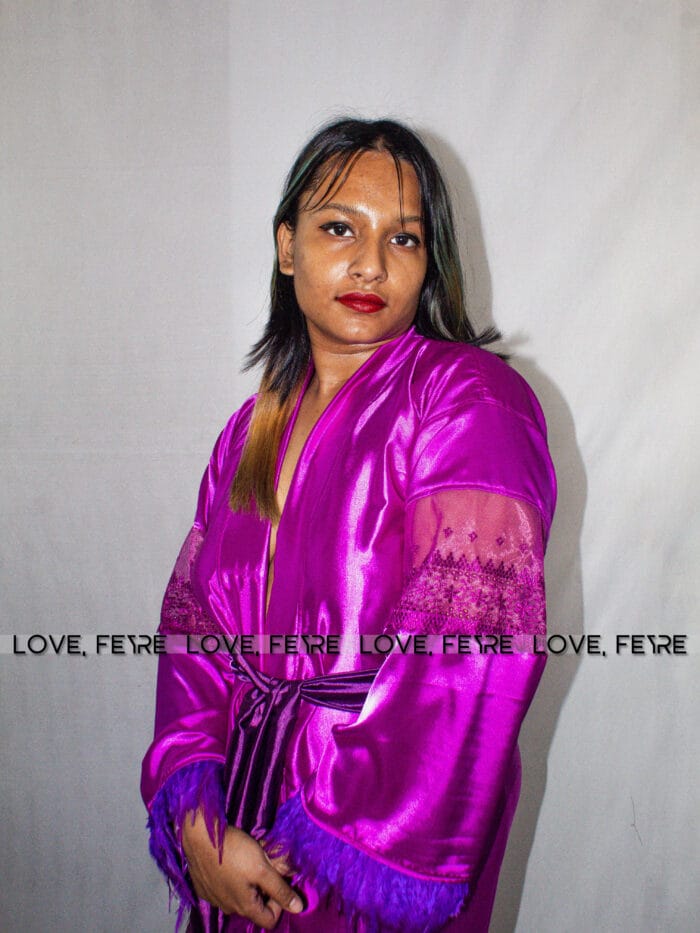Contrast Lace Drop Shoulder Belted Satin Robe - Image 2