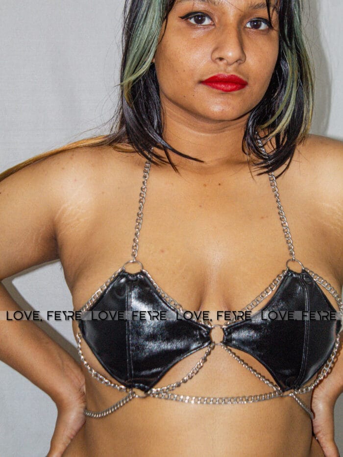 Western Cowgirl Chain Detail PU Leather Cut Out Halter Top - Image 2