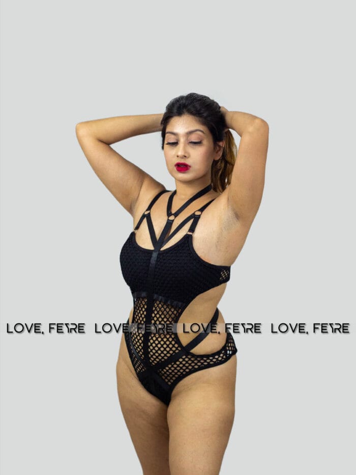 Hollow Out Mesh Halter One Piece Bodysuit