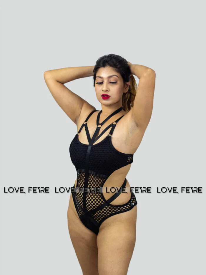 Hollow Out Mesh Halter One Piece Bodysuit